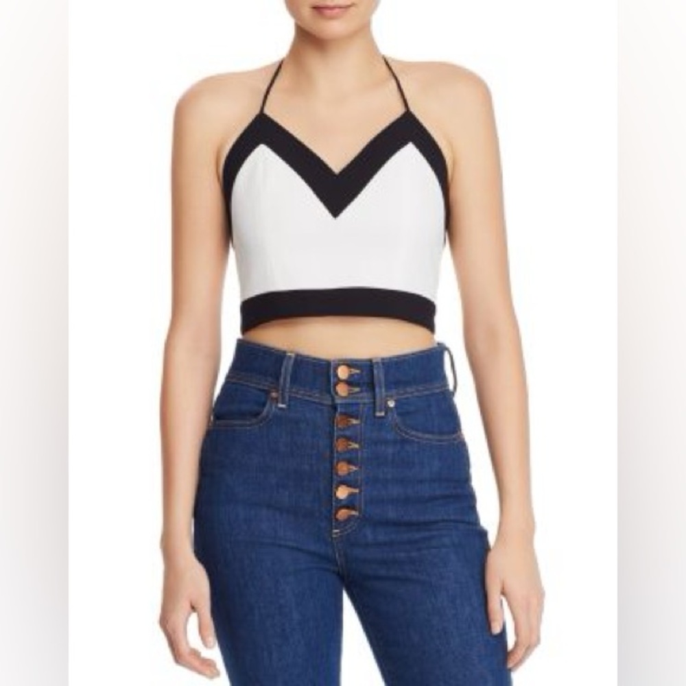Alice + Olivia Black and White V-Neck Halter Crop Top